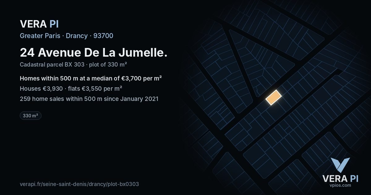 24 Avenue De La Jumelle, Drancy at night – the plot lit, the parcels around coloured by the prices near them