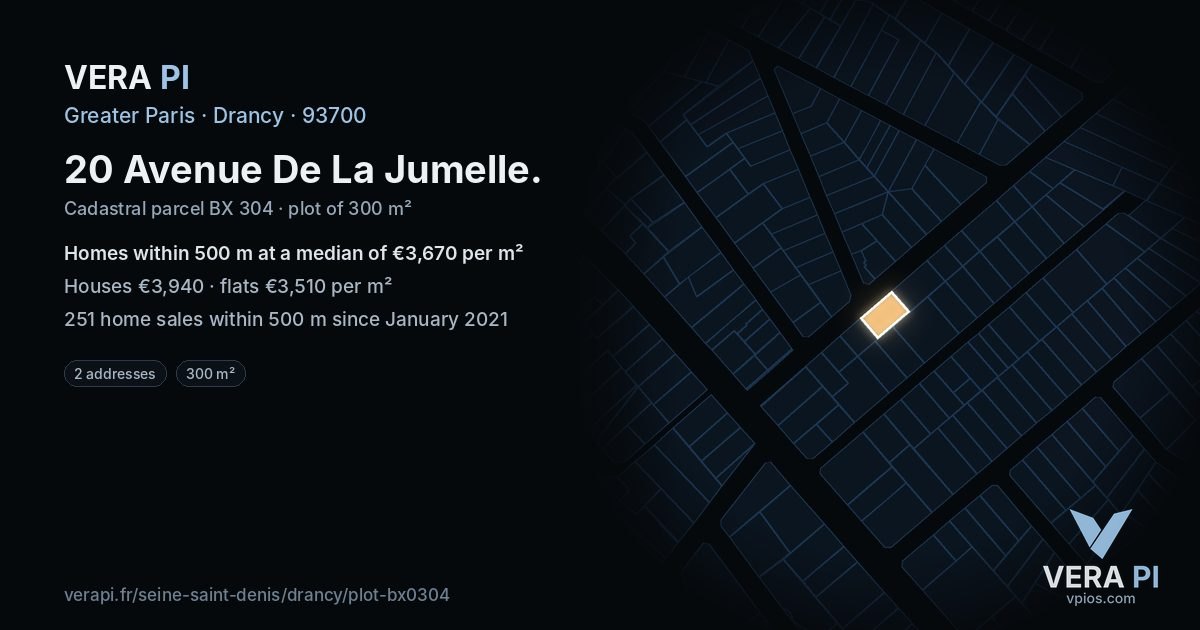 20 Avenue De La Jumelle, Drancy at night – the plot lit, the parcels around coloured by the prices near them