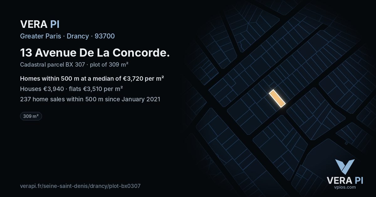 13 Avenue De La Concorde, Drancy at night – the plot lit, the parcels around coloured by the prices near them