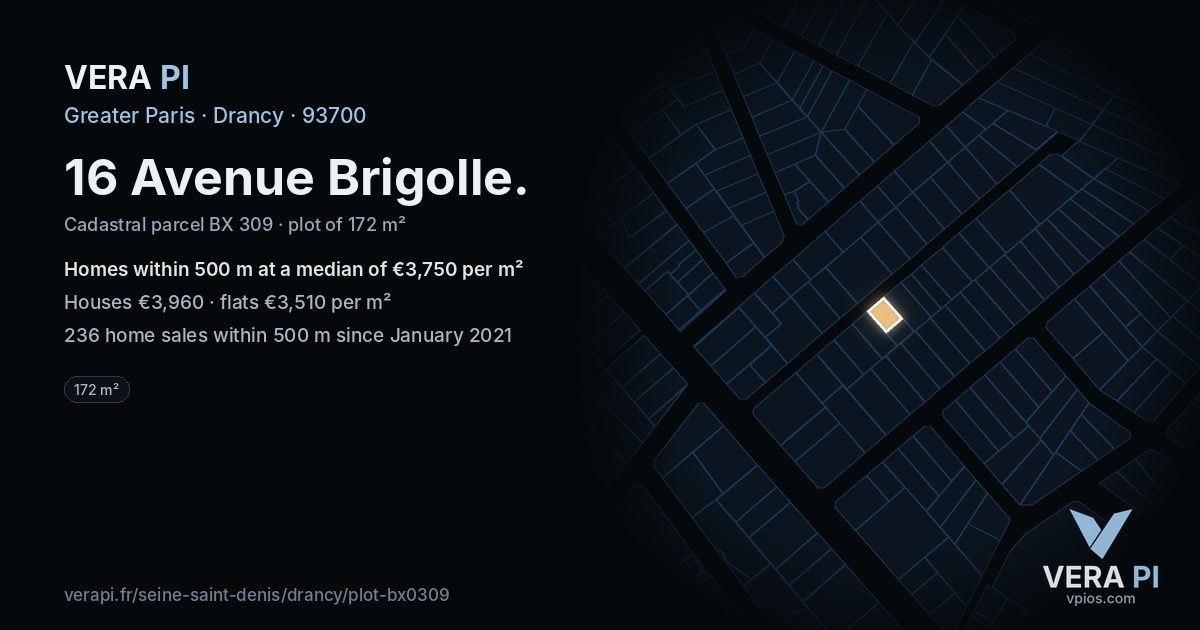 16 Avenue Brigolle, Drancy at night – the plot lit, the parcels around coloured by the prices near them
