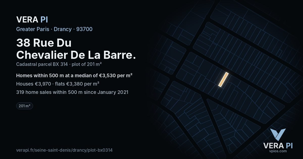 38 Rue Du Chevalier De La Barre, Drancy at night – the plot lit, the parcels around coloured by the prices near them