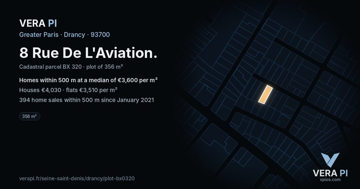 8 Rue De L'Aviation, Drancy at night – the plot lit, the parcels around coloured by the prices near them
