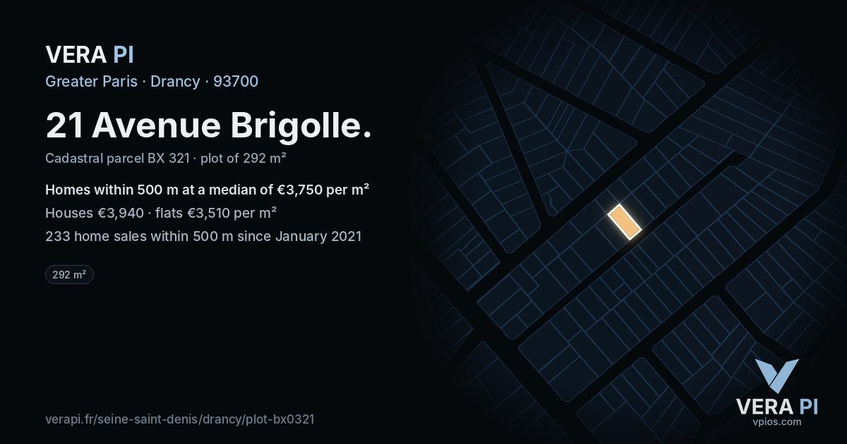 21 Avenue Brigolle, Drancy at night – the plot lit, the parcels around coloured by the prices near them