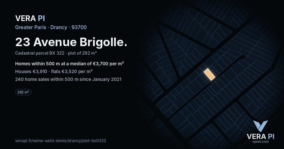 23 Avenue Brigolle, Drancy at night – the plot lit, the parcels around coloured by the prices near them