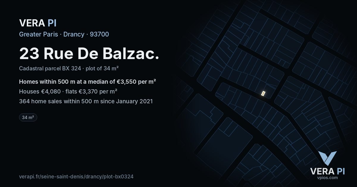 23 Rue De Balzac, Drancy at night – the plot lit, the parcels around coloured by the prices near them