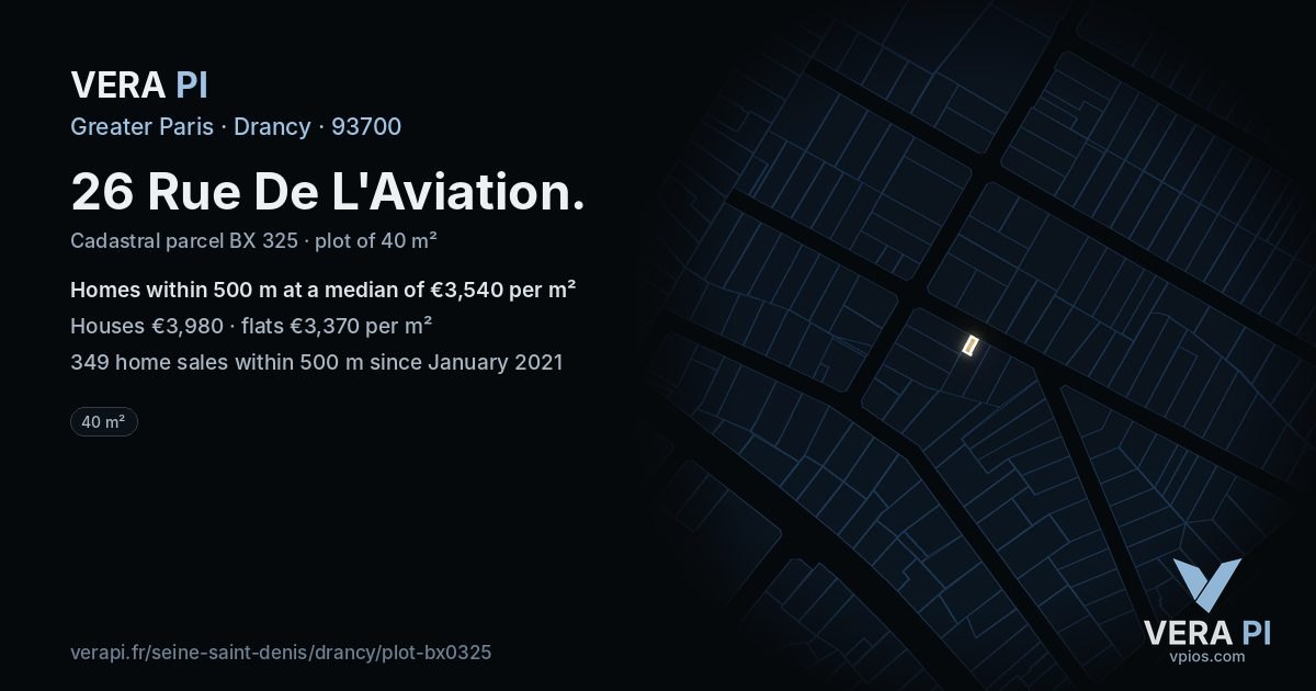 26 Rue De L'Aviation, Drancy at night – the plot lit, the parcels around coloured by the prices near them
