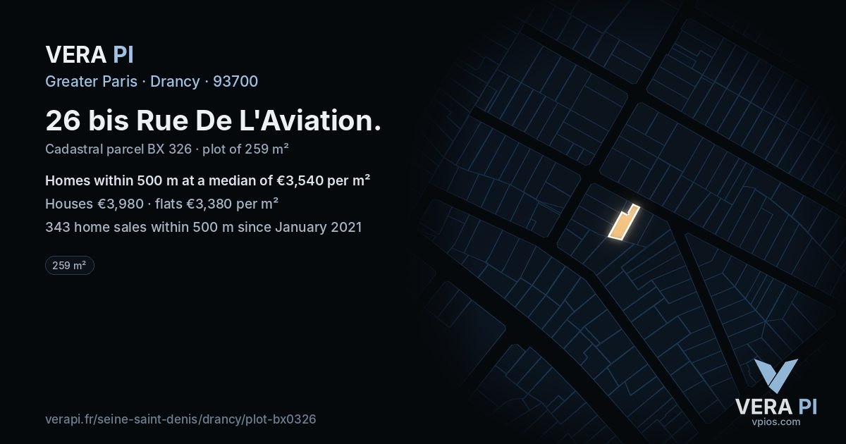 26 bis Rue De L'Aviation, Drancy at night – the plot lit, the parcels around coloured by the prices near them