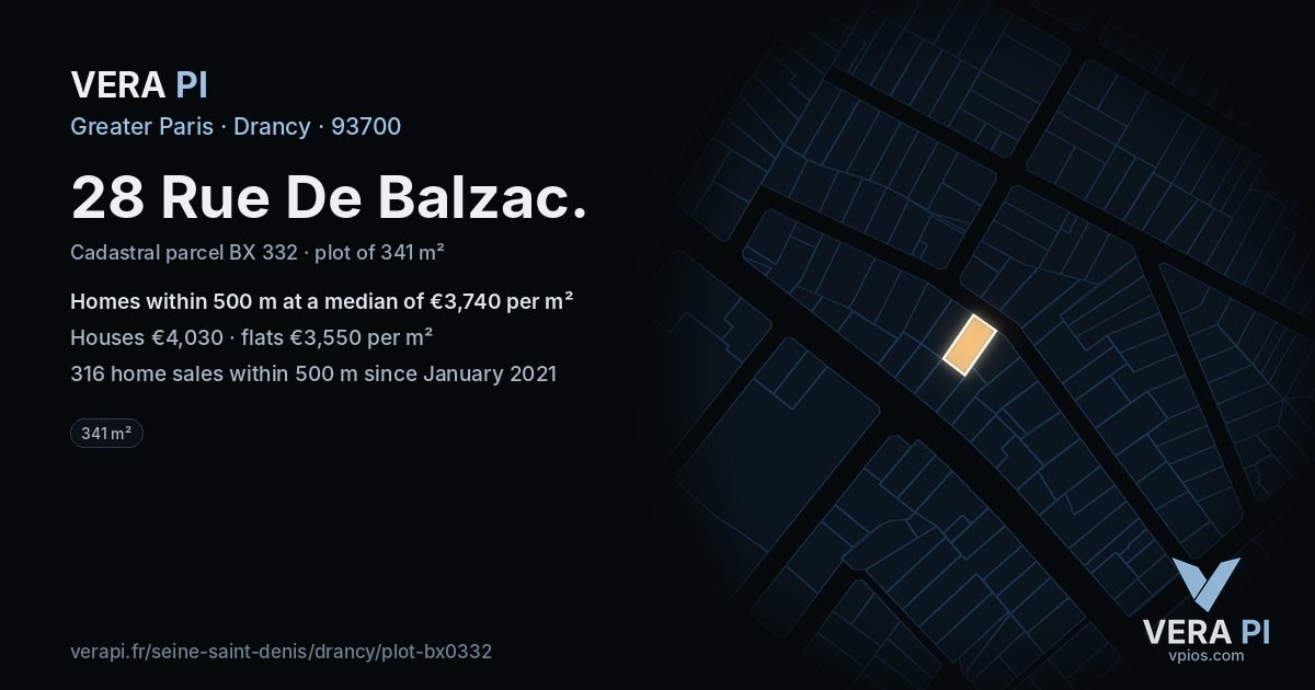 28 Rue De Balzac, Drancy at night – the plot lit, the parcels around coloured by the prices near them