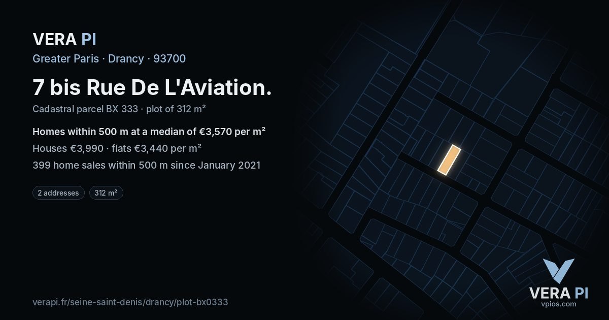 7 bis Rue De L'Aviation, Drancy at night – the plot lit, the parcels around coloured by the prices near them