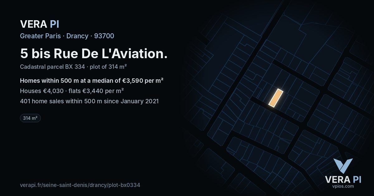 5 bis Rue De L'Aviation, Drancy at night – the plot lit, the parcels around coloured by the prices near them