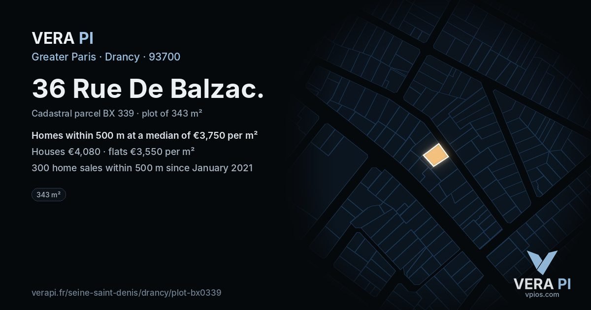 36 Rue De Balzac, Drancy at night – the plot lit, the parcels around coloured by the prices near them