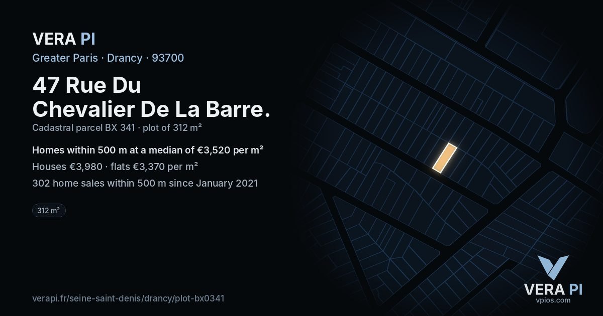 47 Rue Du Chevalier De La Barre, Drancy at night – the plot lit, the parcels around coloured by the prices near them