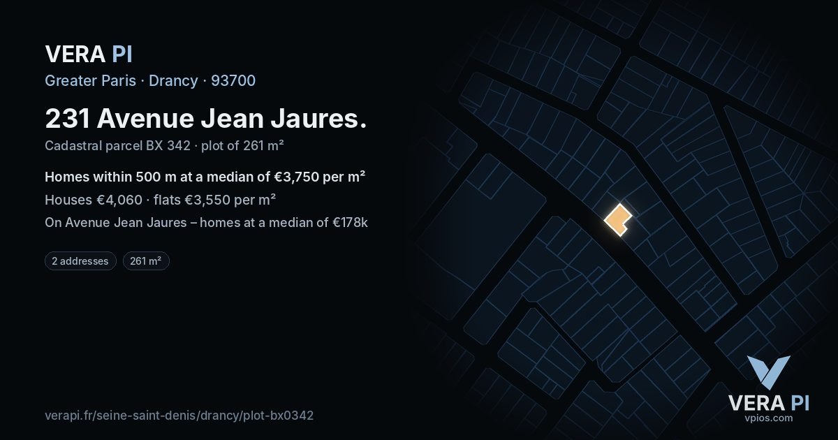 231 Avenue Jean Jaures, Drancy at night – the plot lit, the parcels around coloured by the prices near them
