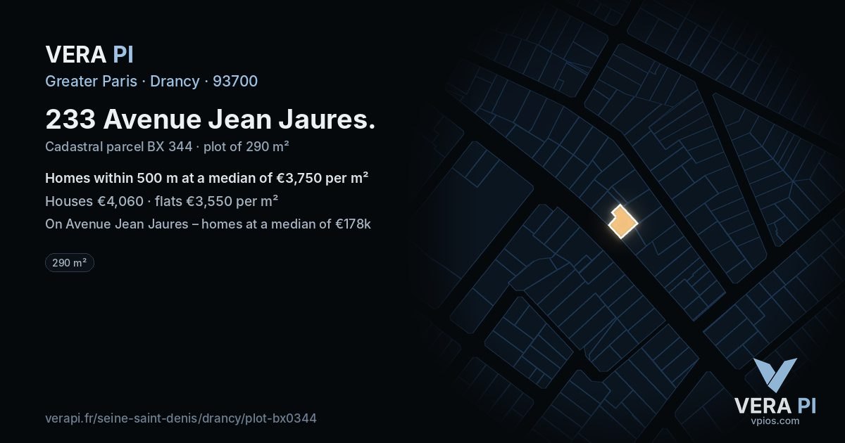 233 Avenue Jean Jaures, Drancy at night – the plot lit, the parcels around coloured by the prices near them