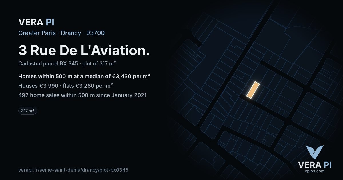 3 Rue De L'Aviation, Drancy at night – the plot lit, the parcels around coloured by the prices near them