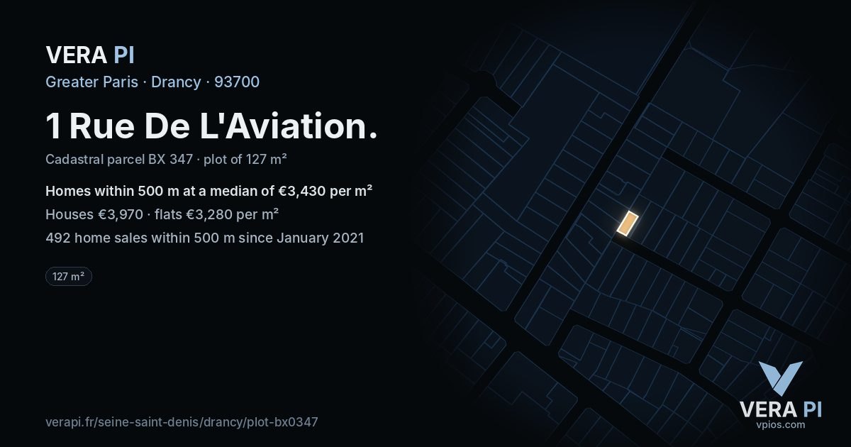 1 Rue De L'Aviation, Drancy at night – the plot lit, the parcels around coloured by the prices near them