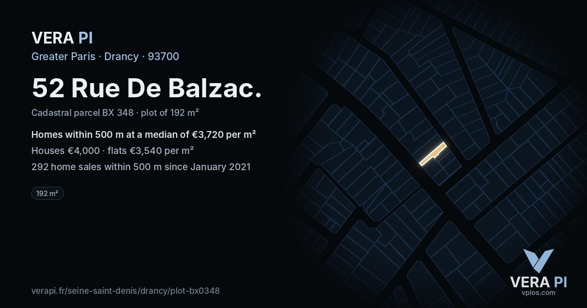 52 Rue De Balzac, Drancy at night – the plot lit, the parcels around coloured by the prices near them