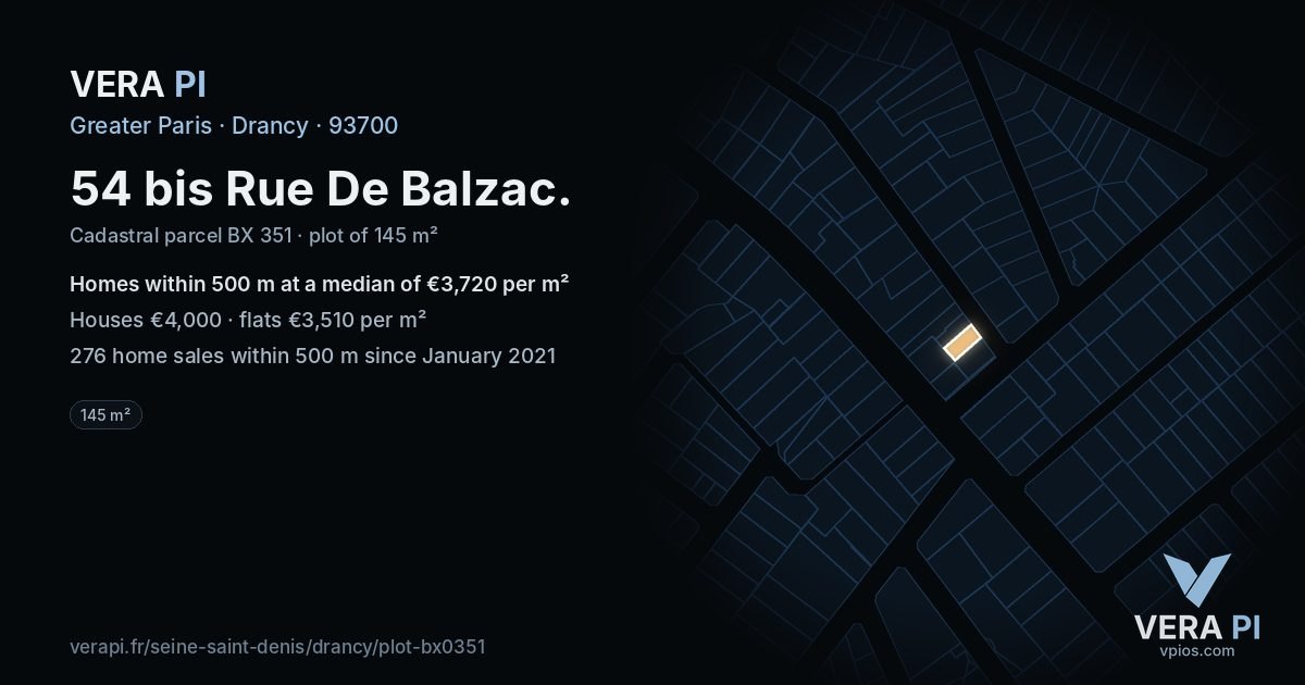 54 bis Rue De Balzac, Drancy at night – the plot lit, the parcels around coloured by the prices near them