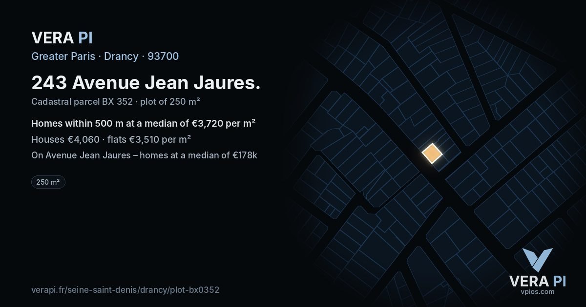 243 Avenue Jean Jaures, Drancy at night – the plot lit, the parcels around coloured by the prices near them