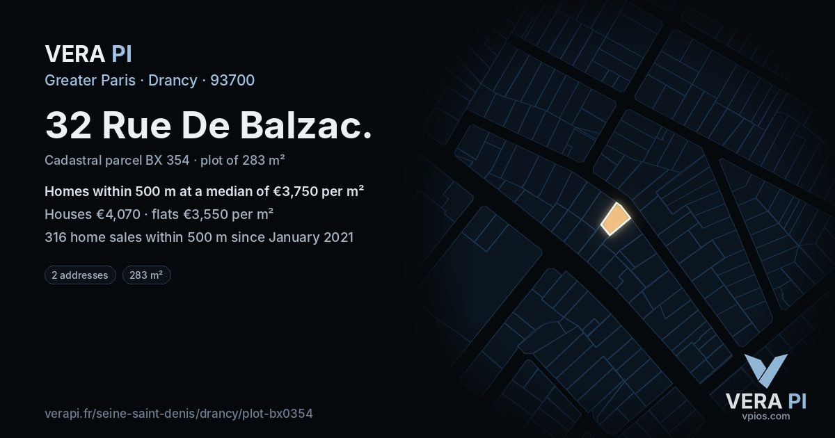 32 Rue De Balzac, Drancy at night – the plot lit, the parcels around coloured by the prices near them
