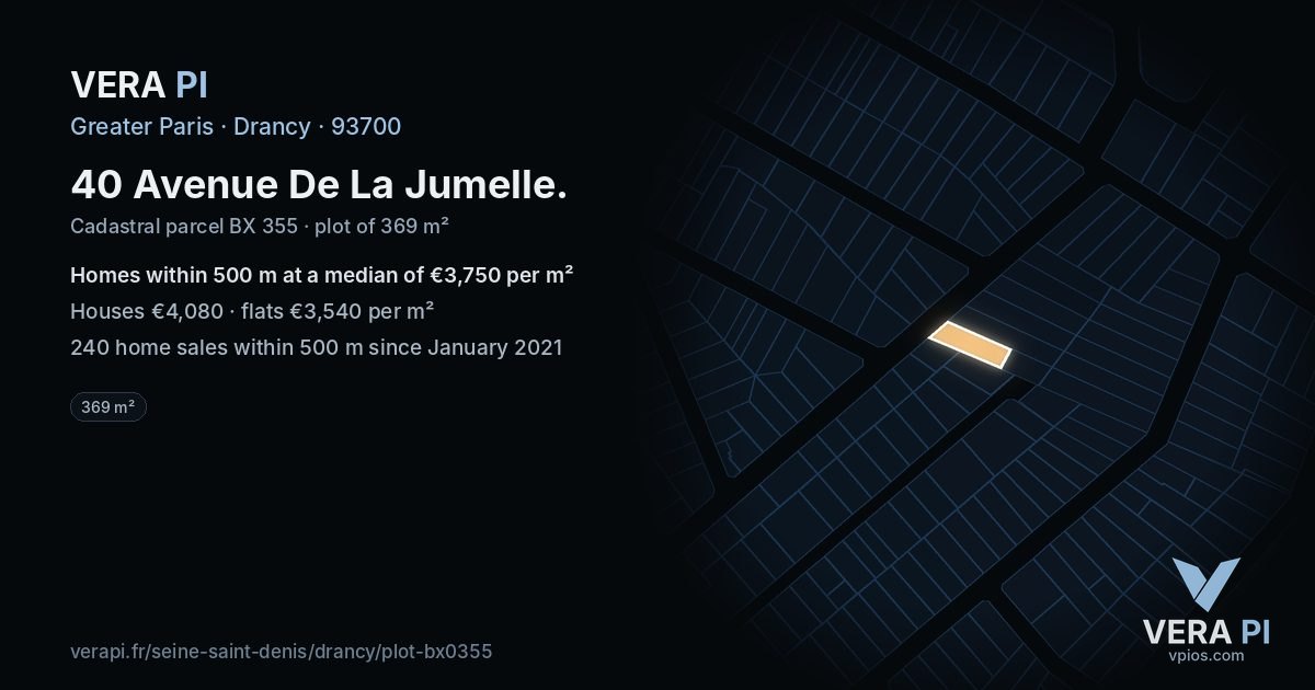 40 Avenue De La Jumelle, Drancy at night – the plot lit, the parcels around coloured by the prices near them