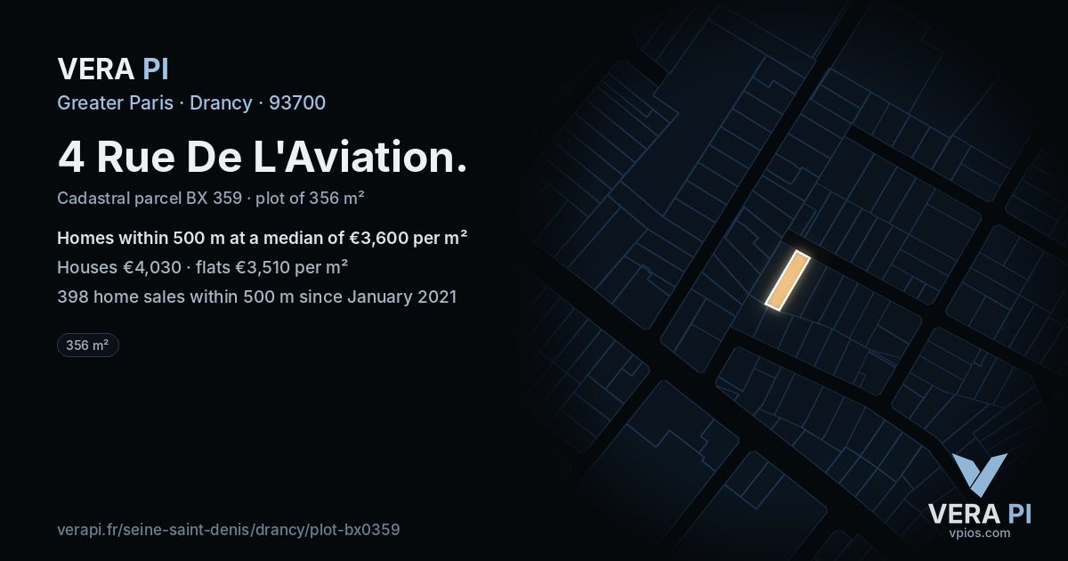 4 Rue De L'Aviation, Drancy at night – the plot lit, the parcels around coloured by the prices near them