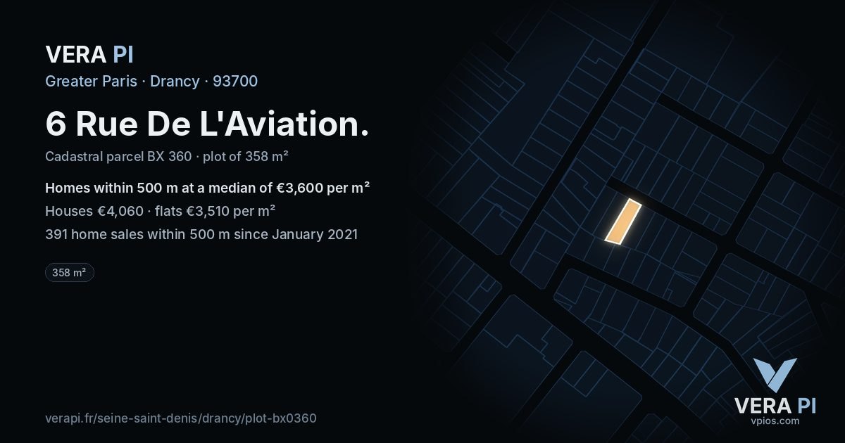 6 Rue De L'Aviation, Drancy at night – the plot lit, the parcels around coloured by the prices near them