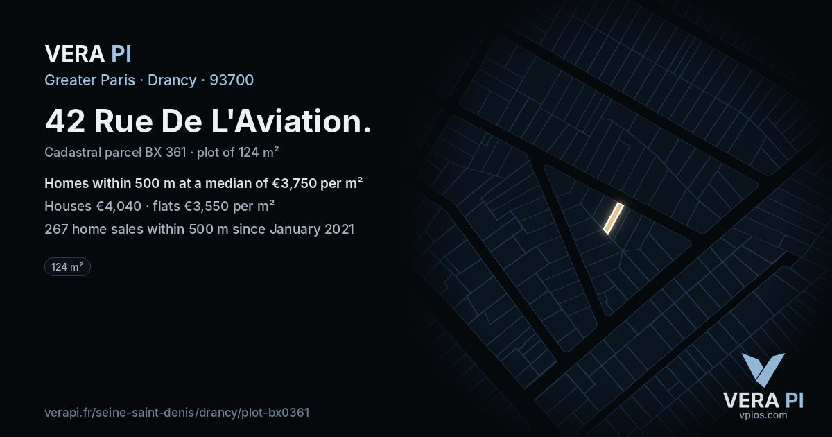 42 Rue De L'Aviation, Drancy at night – the plot lit, the parcels around coloured by the prices near them