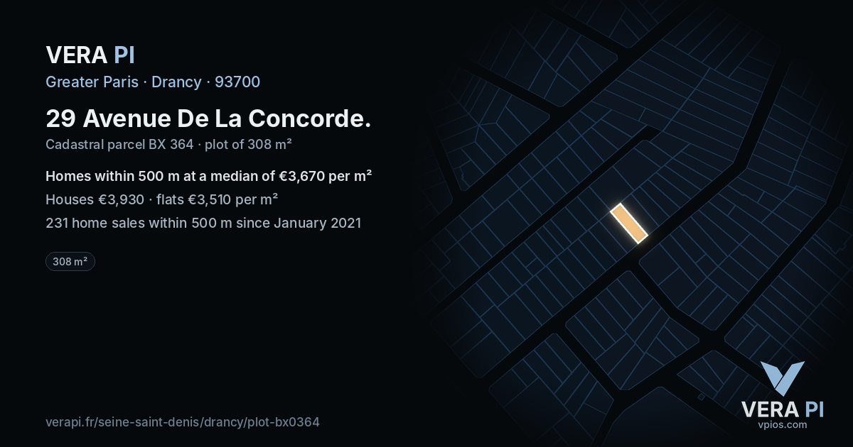 29 Avenue De La Concorde, Drancy at night – the plot lit, the parcels around coloured by the prices near them