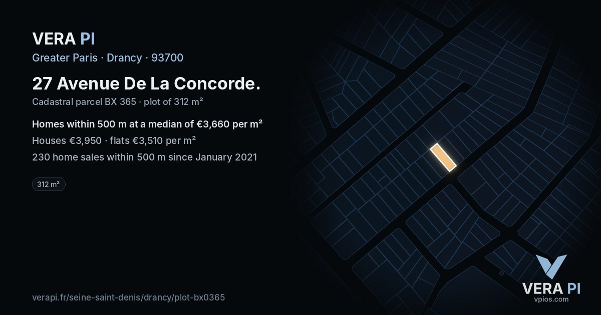 27 Avenue De La Concorde, Drancy at night – the plot lit, the parcels around coloured by the prices near them