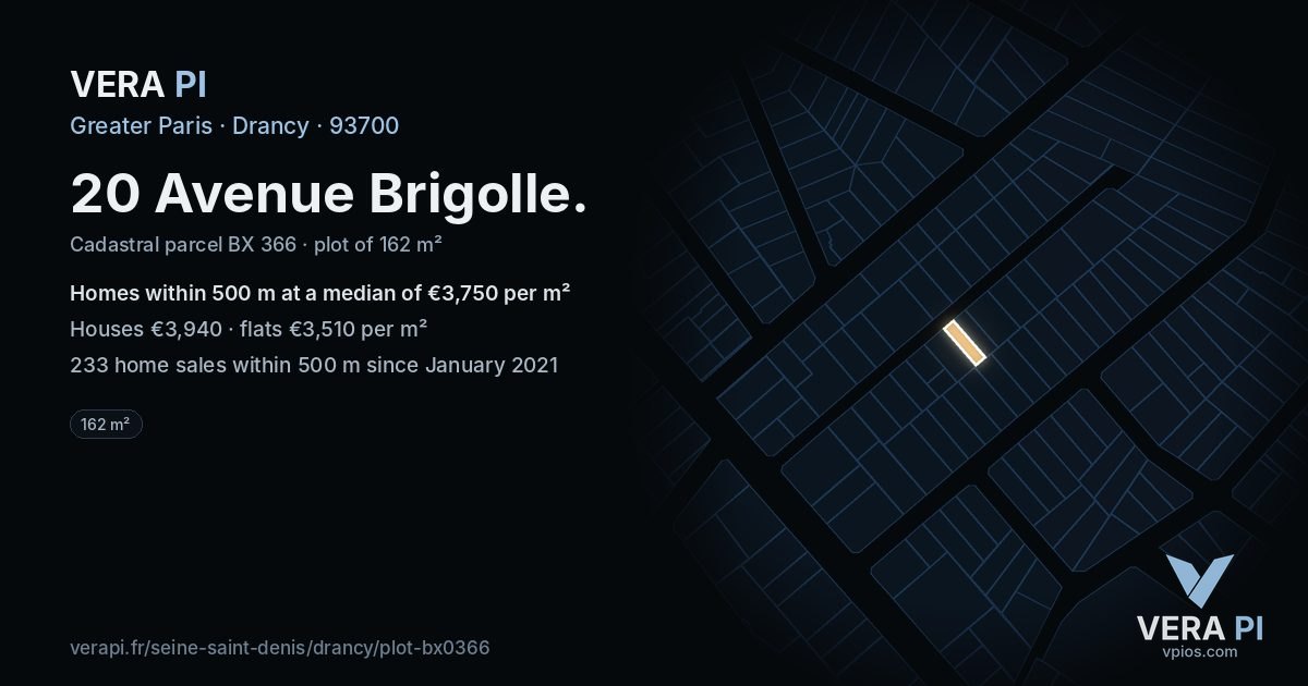 20 Avenue Brigolle, Drancy at night – the plot lit, the parcels around coloured by the prices near them