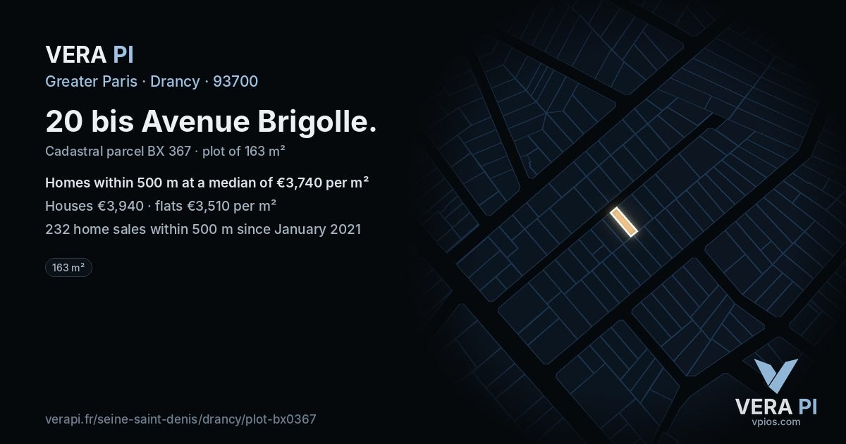 20 bis Avenue Brigolle, Drancy at night – the plot lit, the parcels around coloured by the prices near them