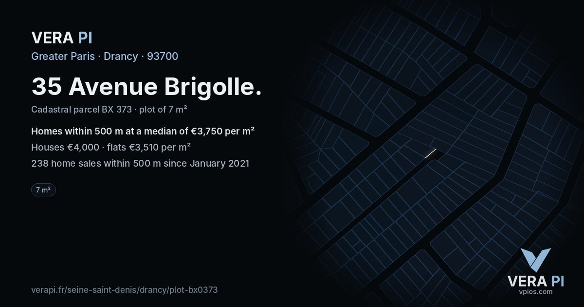 35 Avenue Brigolle, Drancy at night – the plot lit, the parcels around coloured by the prices near them