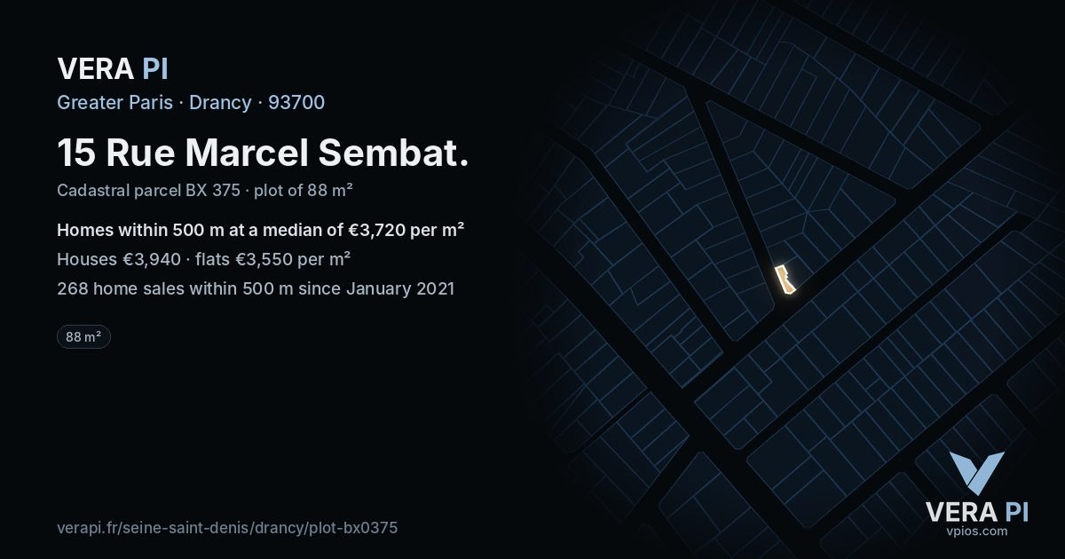 15 Rue Marcel Sembat, Drancy at night – the plot lit, the parcels around coloured by the prices near them