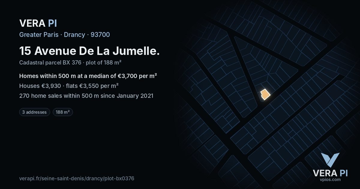 15 Avenue De La Jumelle, Drancy at night – the plot lit, the parcels around coloured by the prices near them