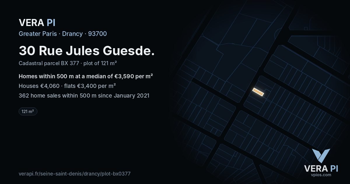 30 Rue Jules Guesde, Drancy at night – the plot lit, the parcels around coloured by the prices near them