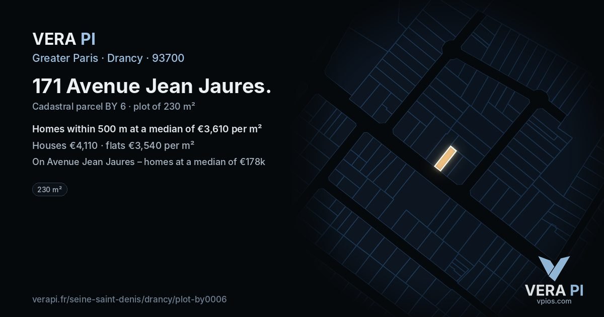 171 Avenue Jean Jaures, Drancy at night – the plot lit, the parcels around coloured by the prices near them
