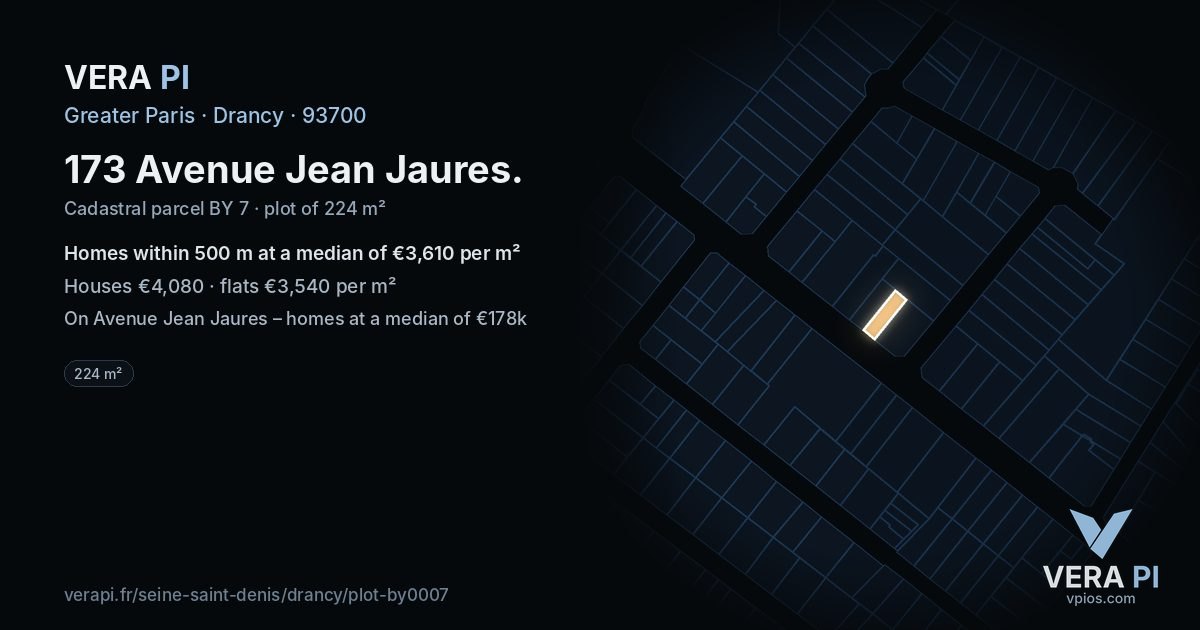 173 Avenue Jean Jaures, Drancy at night – the plot lit, the parcels around coloured by the prices near them