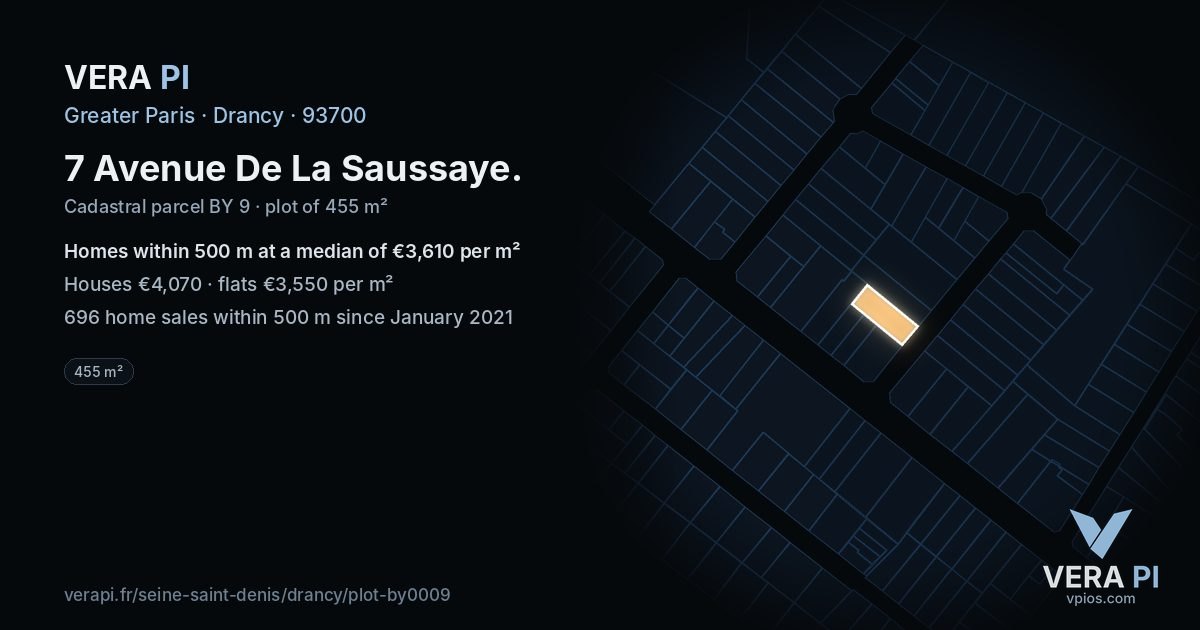 7 Avenue De La Saussaye, Drancy at night – the plot lit, the parcels around coloured by the prices near them