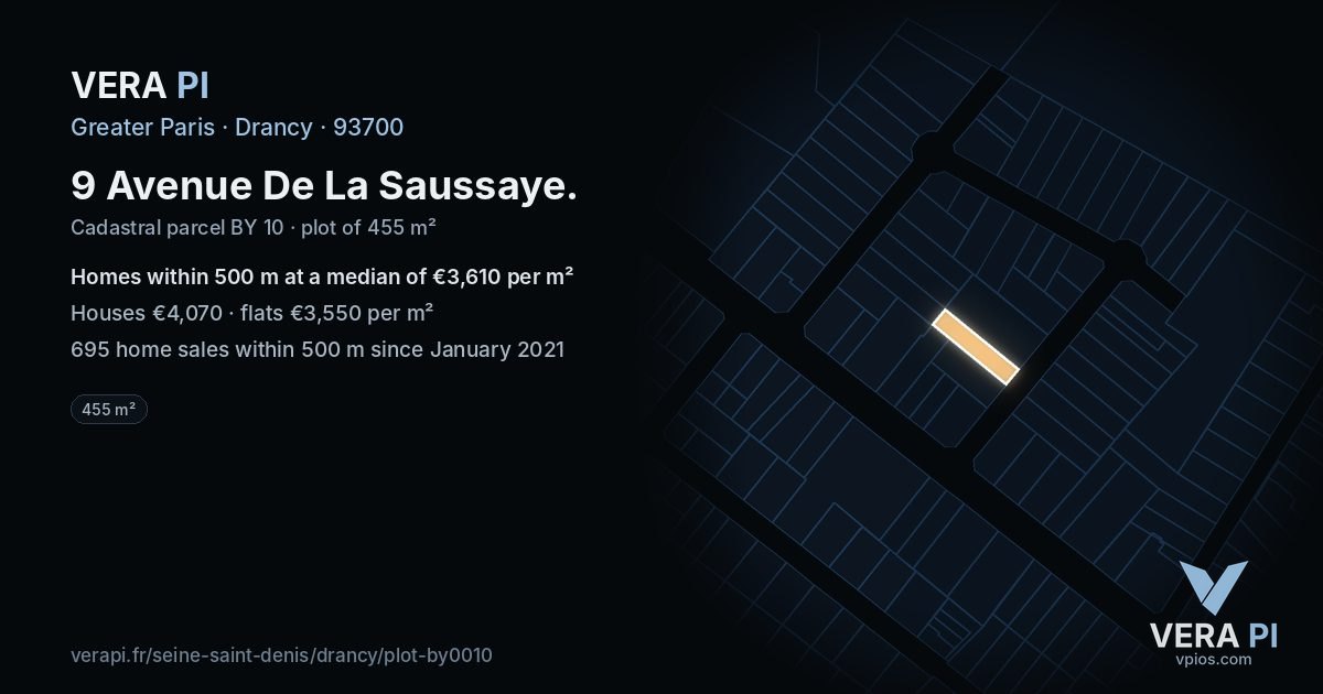 9 Avenue De La Saussaye, Drancy at night – the plot lit, the parcels around coloured by the prices near them