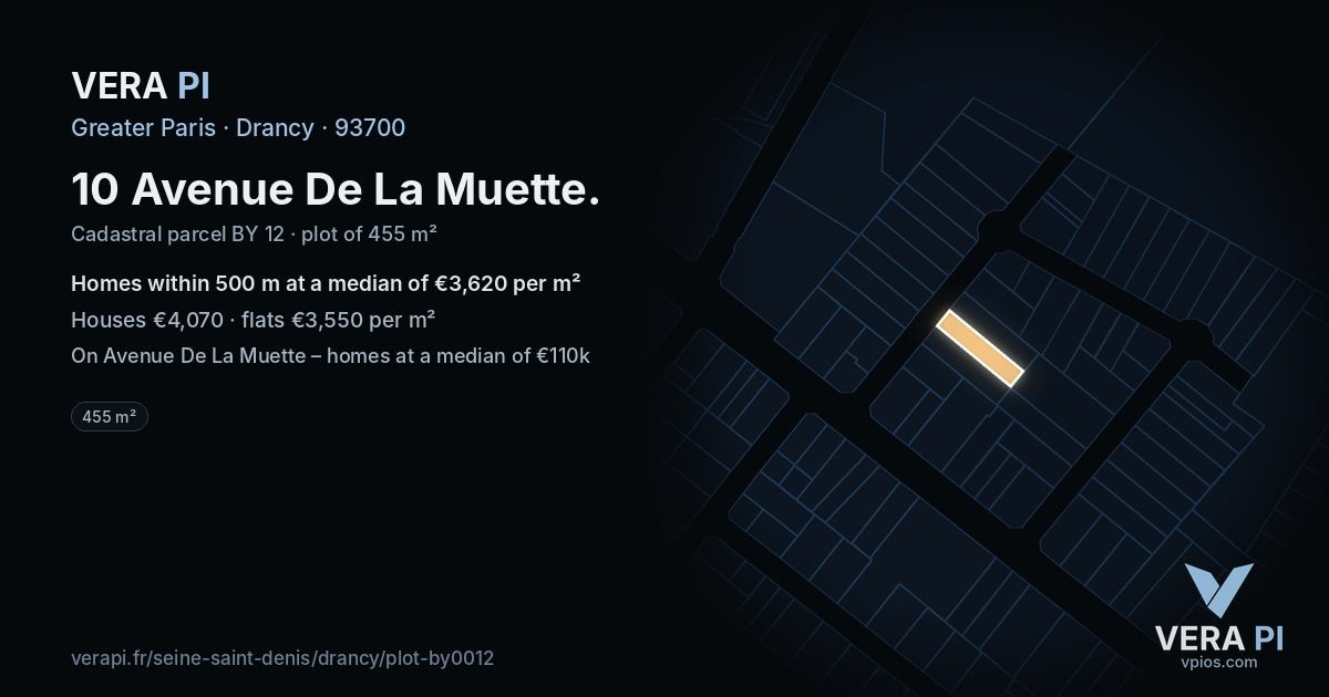10 Avenue De La Muette, Drancy at night – the plot lit, the parcels around coloured by the prices near them