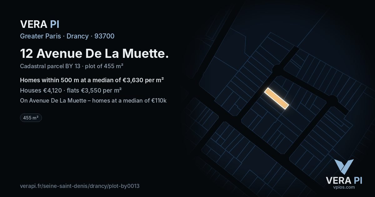 12 Avenue De La Muette, Drancy at night – the plot lit, the parcels around coloured by the prices near them