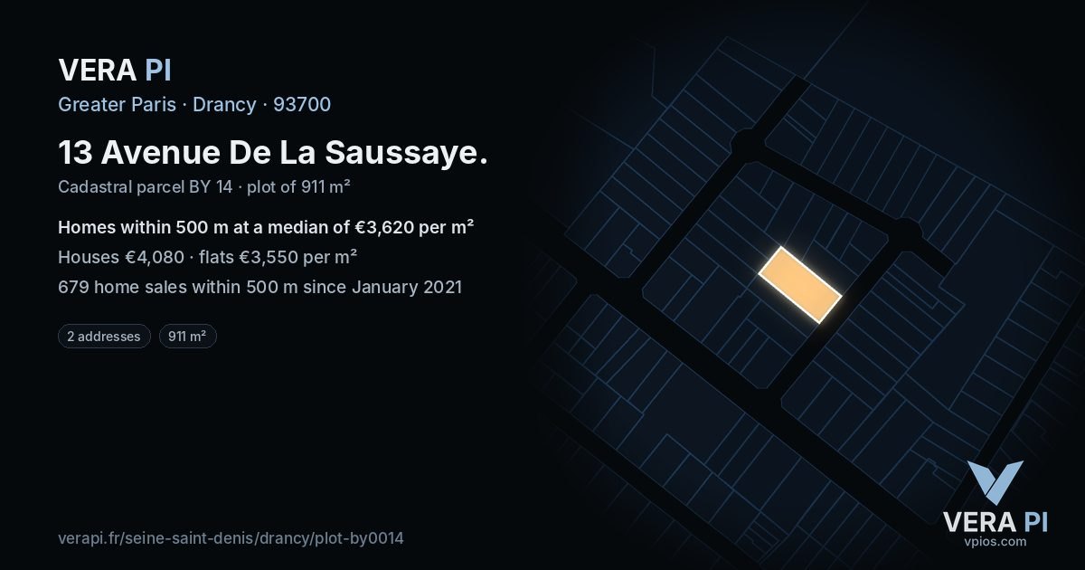 13 Avenue De La Saussaye, Drancy at night – the plot lit, the parcels around coloured by the prices near them