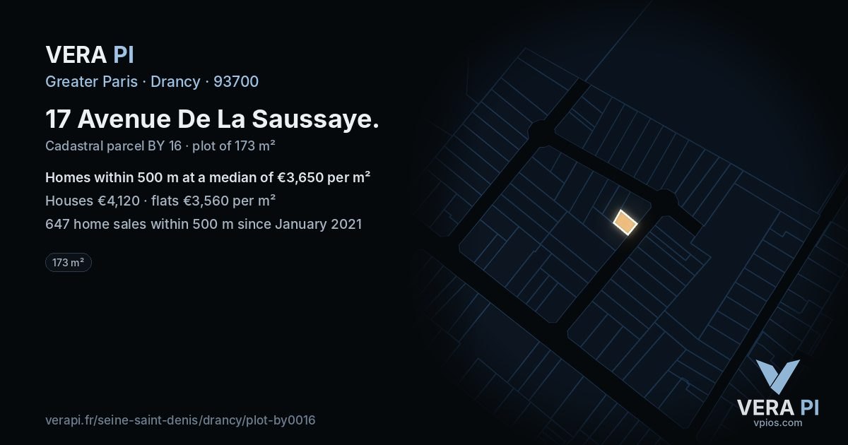 17 Avenue De La Saussaye, Drancy at night – the plot lit, the parcels around coloured by the prices near them