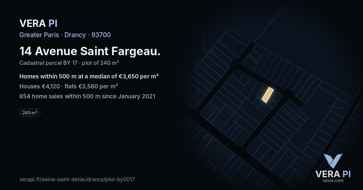 14 Avenue Saint Fargeau, Drancy at night – the plot lit, the parcels around coloured by the prices near them
