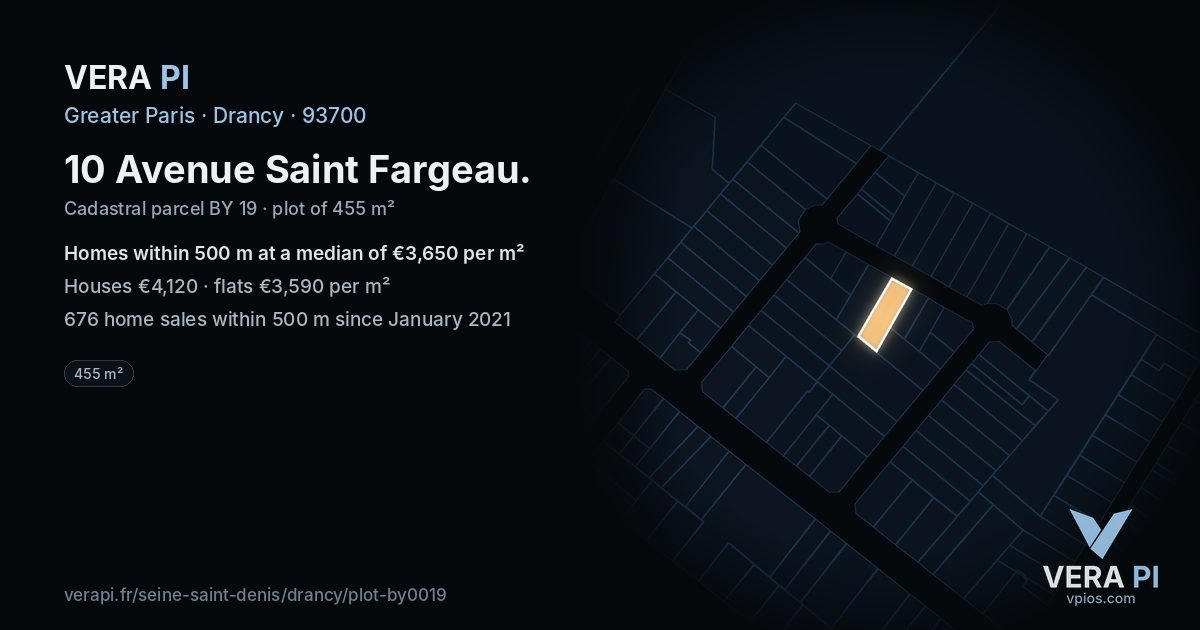 10 Avenue Saint Fargeau, Drancy at night – the plot lit, the parcels around coloured by the prices near them