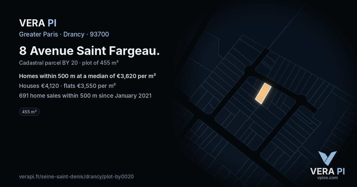 8 Avenue Saint Fargeau, Drancy at night – the plot lit, the parcels around coloured by the prices near them