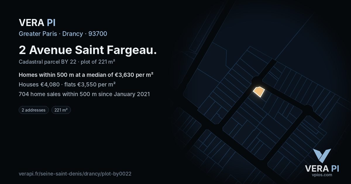 2 Avenue Saint Fargeau, Drancy at night – the plot lit, the parcels around coloured by the prices near them