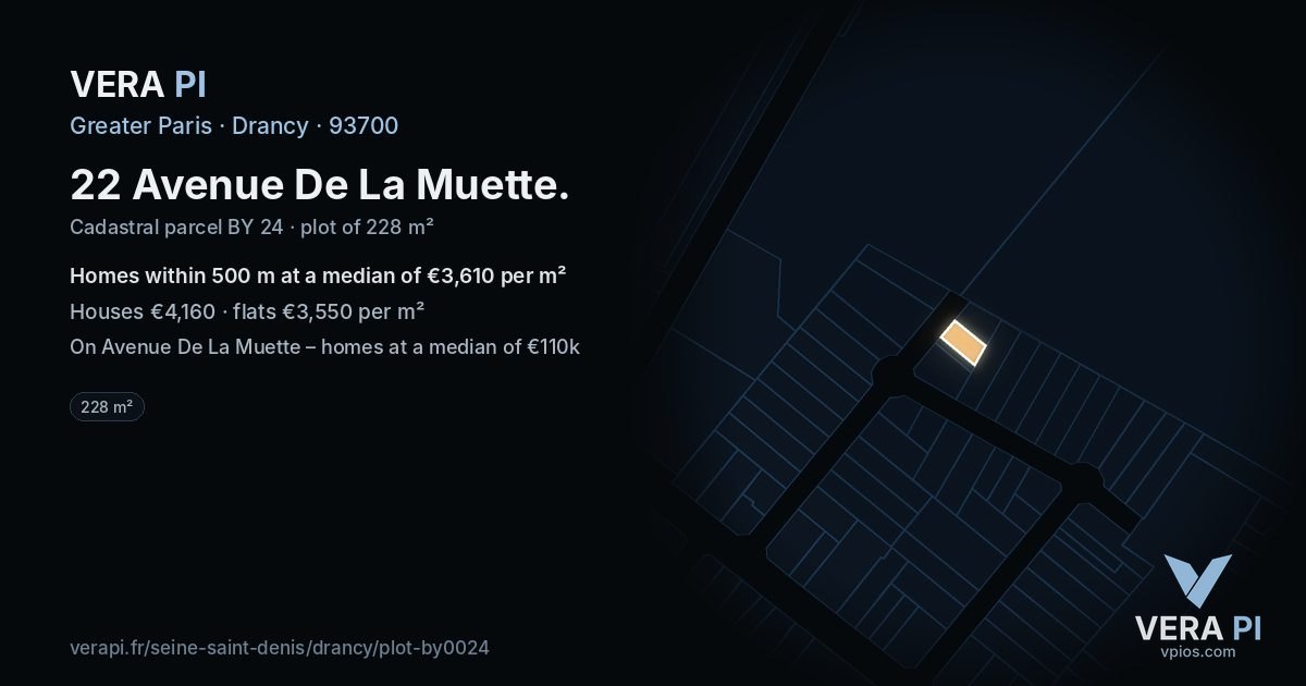 22 Avenue De La Muette, Drancy at night – the plot lit, the parcels around coloured by the prices near them