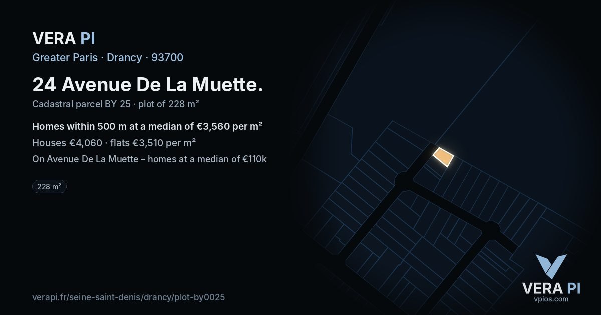 24 Avenue De La Muette, Drancy at night – the plot lit, the parcels around coloured by the prices near them